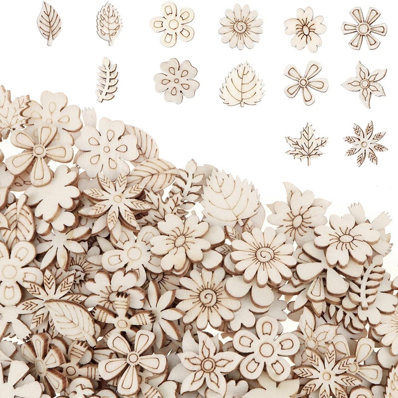 YOLUFER 300 Pcs Wooden Embellishments Mixed Flower Leaf Pattern Wooden Scrapbooking DIY Handmade Crafts Children DIY Graffiti Home Decor - Image 1